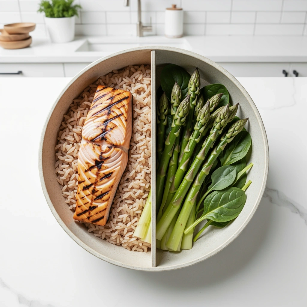 Exemplu de farfurie echilibrată cu legume și proteine