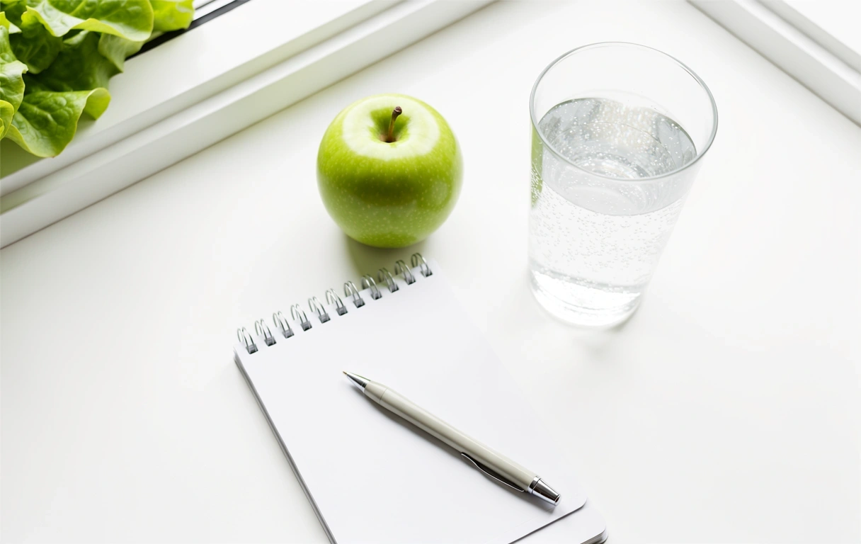 Birou nutriționist cu mere și apă